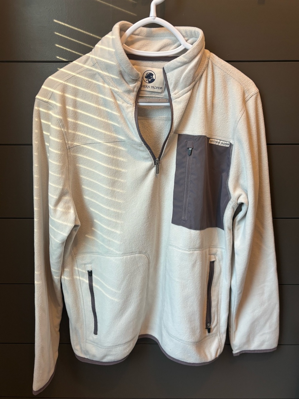 Southern Proper Men's Cream Quarter-Zip Fleece with Gray Chest Pocket Medium